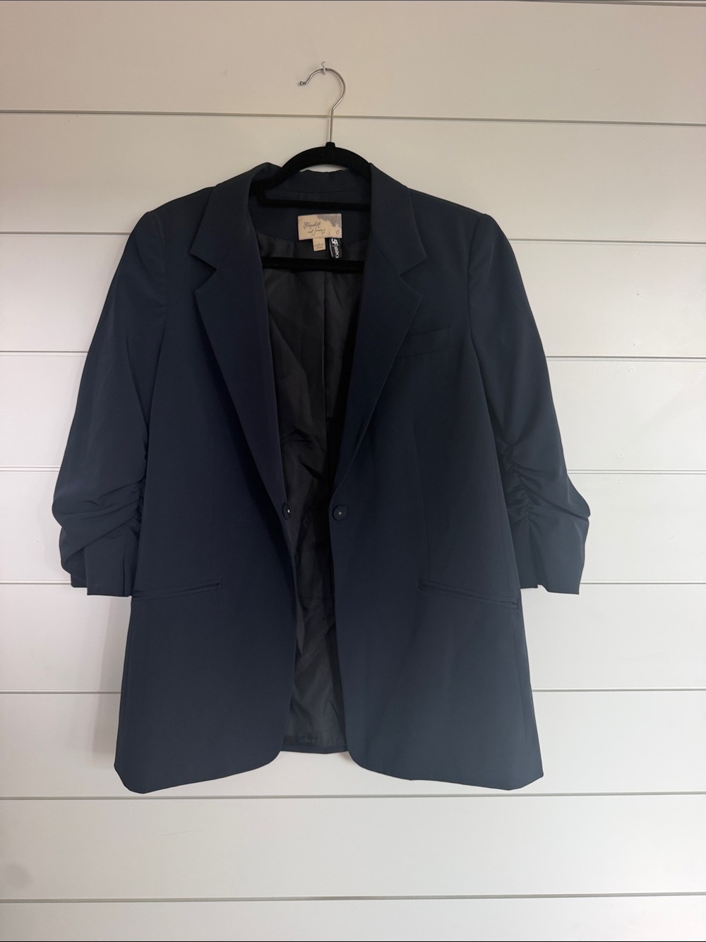 Elizabeth and James Navy Relaxed Blazer with Ruched Sleeves